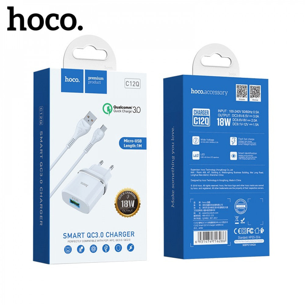 Home Charger | 18W | QC3.0 | Micro Cable (1m) — Hoco C12Q — Black