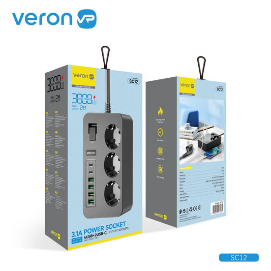 Фiльтр живлення 4USB | 2USB-C | 3P | 3.1A | 2m — Veron SC12