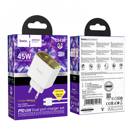 Home Charger | 45W | 2PD | C to C Cable (1m) — Hoco CS43A — White