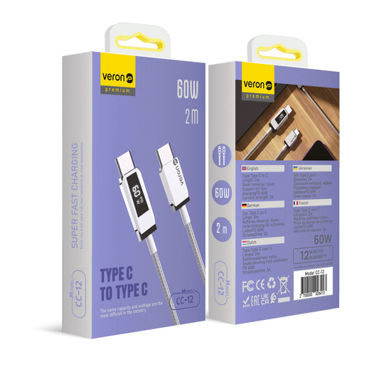 Кабель USB C to C 60W PD (2m) Veron CC12 Nylon LCD — Black