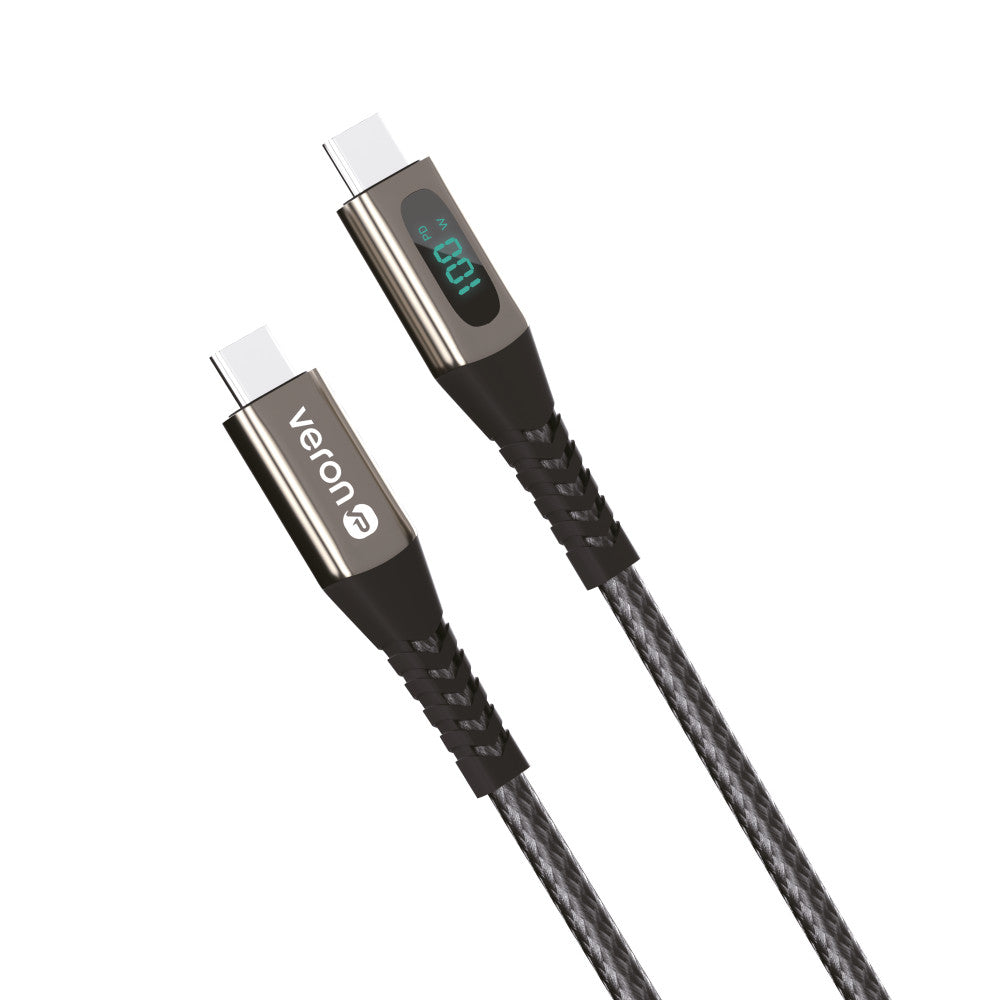 Кабель USB C to C 100W PD (1.2m) Veron CC02 Nylon LCD — Black