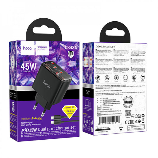 Home Charger | 45W | 2PD | C to C Cable (1m) — Hoco CS43A — Black