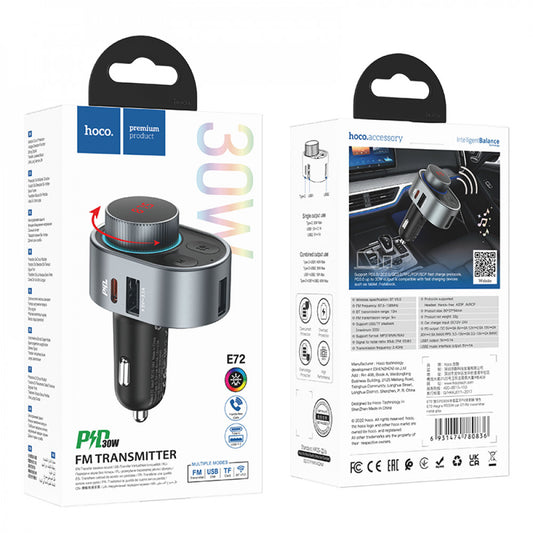 FM Transmitter MP3 | Car Charger | 3.1A | PD30W | 2U - Hoco E72 - Metal Grey