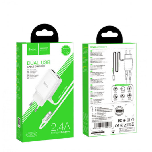 Home Charger | 2.4A | 2U | Lightning Cord (1m) - Hoco C82A - White