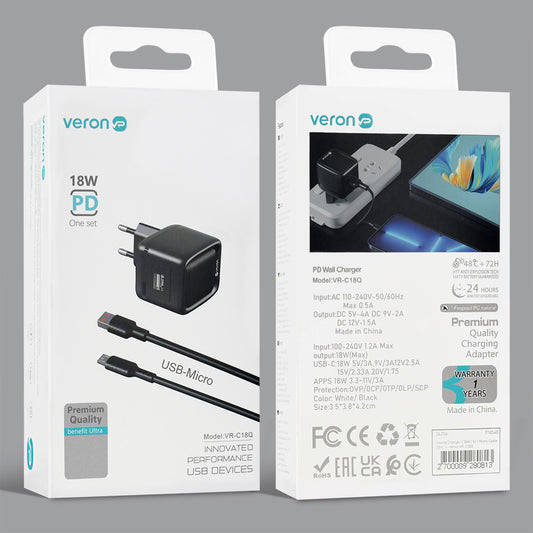 Home Charger | 18W | 1U | Micro Cable (1m) - Veron VR-C18Q