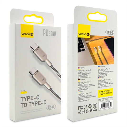 Кабель USB C to C 60W PD (1m) Veron CC04 Nylon — Black