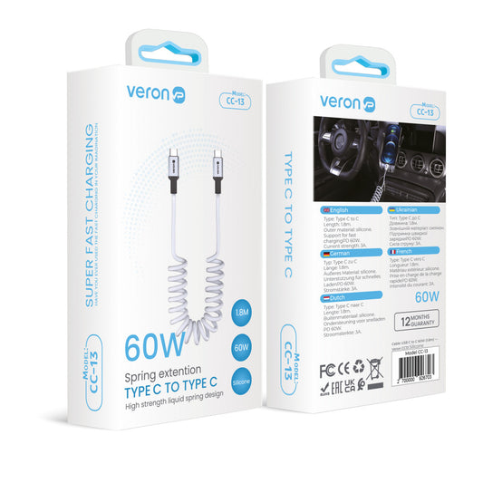 Кабель USB C to C 60W PD (1.8m) Veron CC13 Silicon — Black