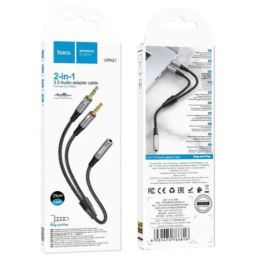 Cable Aux (Female to 2 Male) (0.25m) Hoco UPA21 — Metal Gray
