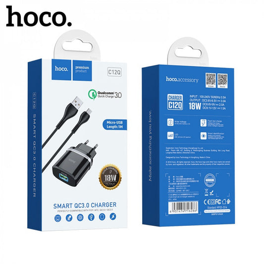 Home Charger | 18W | QC3.0 | Micro Cable (1m) — Hoco C12Q — Black