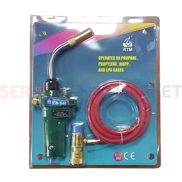 Горелка газовая ручная RTM 3660 (под МАПП газ, с пьезоподжигом и шлангом)