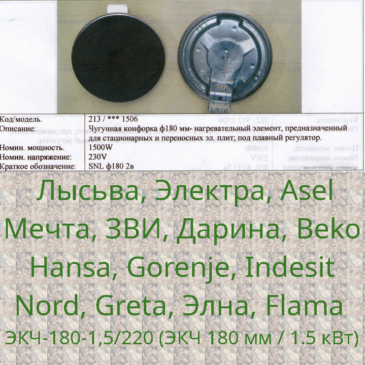 Конфорка чугунная 1500Вт d180 мм thermopower