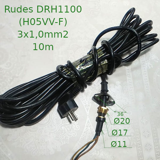 Rudes DRH1100 (H05VV-F) 3G1,0mm2 10m (+евровилка, муфта d17, шайба, гайка M20, планка) (B07)