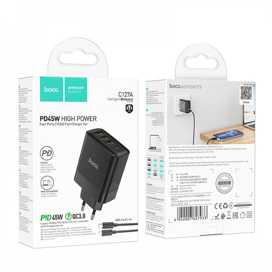 Home Charger | 45W | PD | QC3.0 C to Lightning Cable (1m) - Hoco C127A - Black