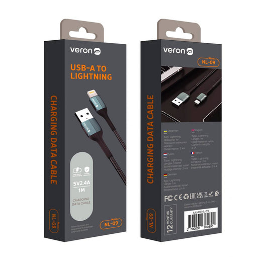 Кабель Lightning 2.4A (1m) Veron NL09 Nylon — Black