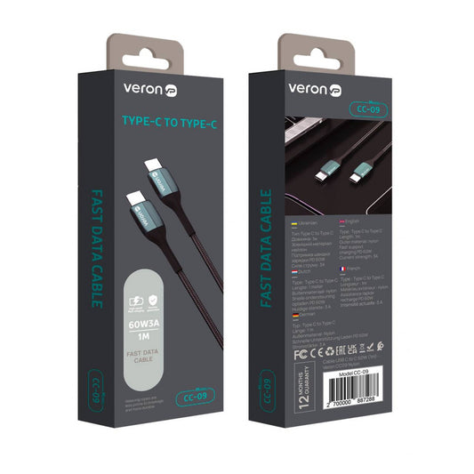 Кабель USB C to C 3A PD (1m) Veron CC09 Nylon — Black
