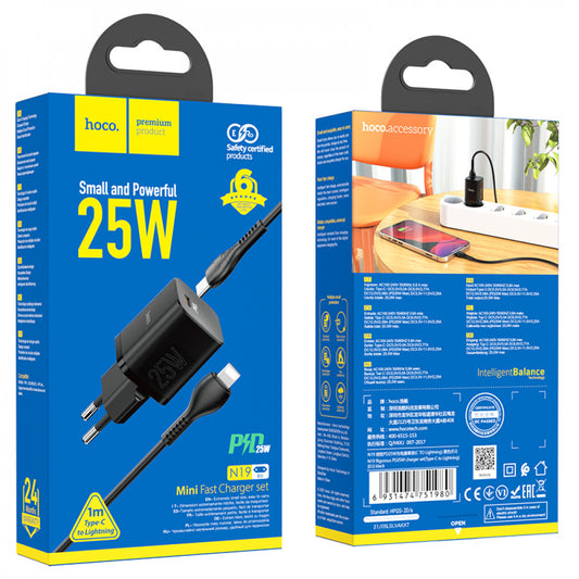 Home Charger | 25W | PD3.0 C to Lightning Cable (1m) - Hoco N19 - Black