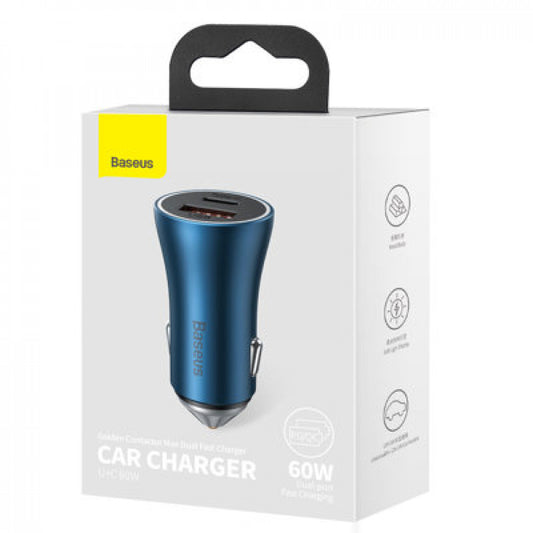 Car Charger | 60W | 1U | 1C - Baseus (CGJM0001) Golden Contactor Max Dual Fast Charger - CGJM000103 Blue