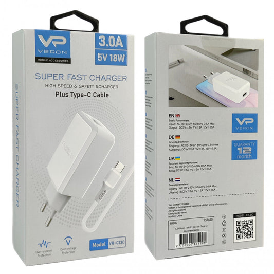 Зарядное устройство Home Charger | 18W | 1U | USB C Cable (1m) — Veron VR-C13Q