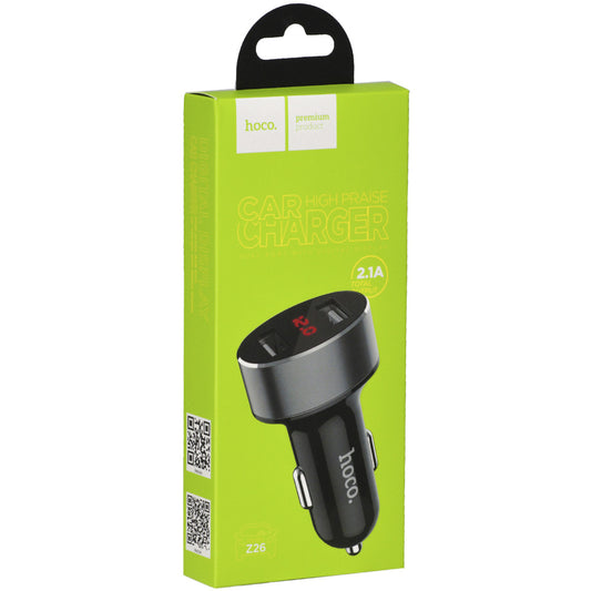 Car Charger | 2.1A | 2U | Digital Display - Hoco Z26 - Black