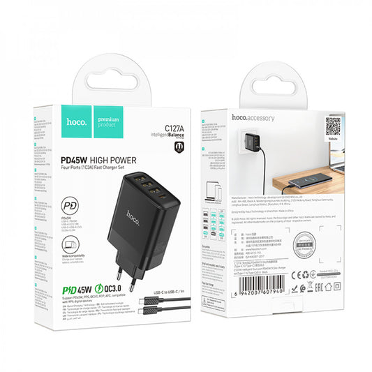 Home Charger | 45W | PD | QC3.0 C to C Cable (1m) - Hoco C127A - Black