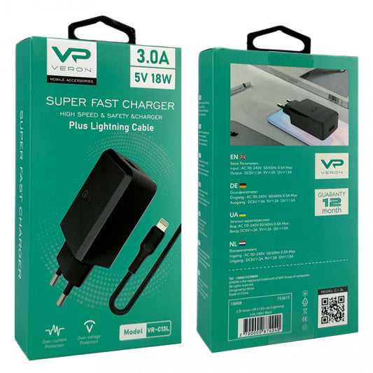 Home Charger | 18W | 1U | Lightning Cable (1m) - Veron VR-C13Q - White