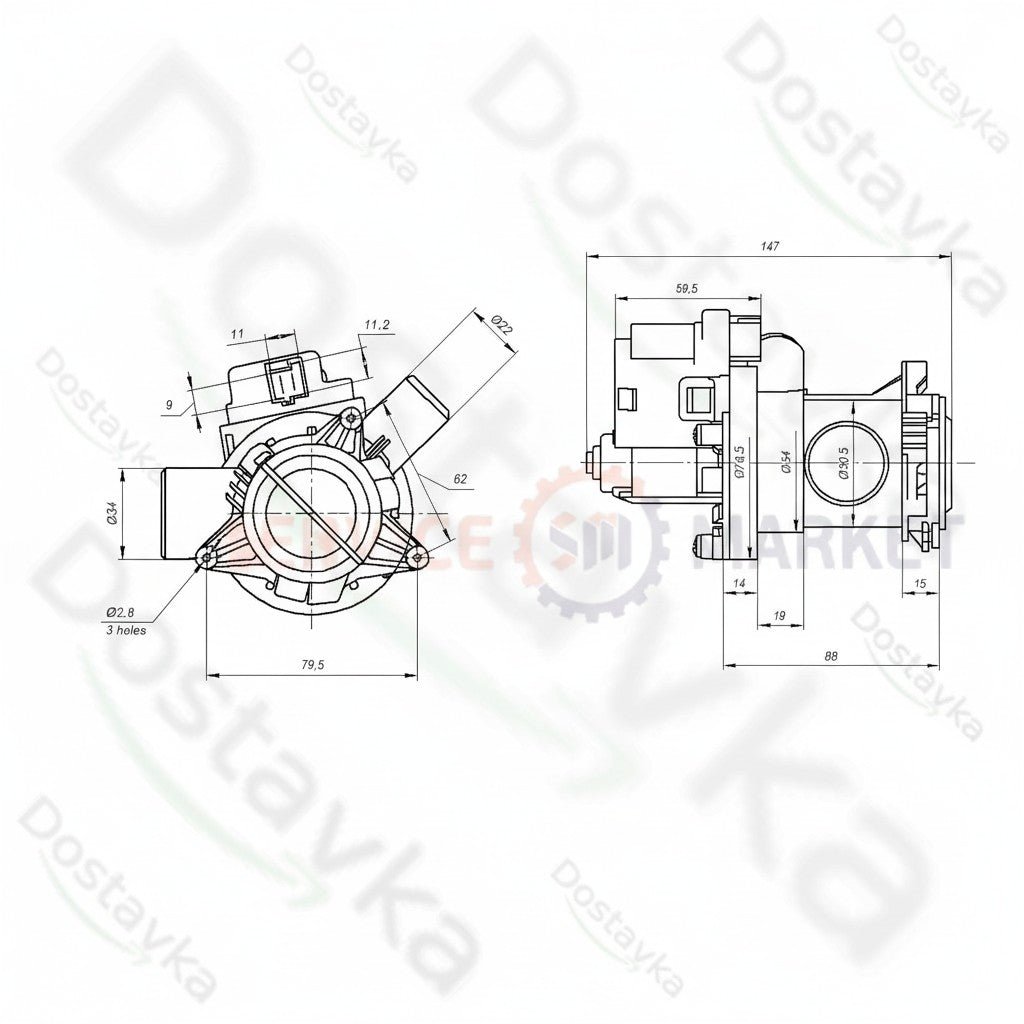 Помпа в зборі (2880401800, B15-6AZ, 34W) для пральної машини Beko