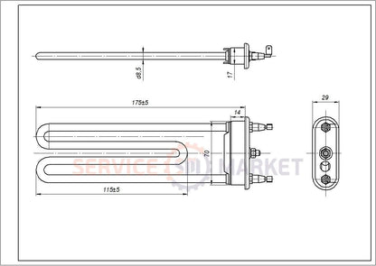 Тэн L175-190 1700-2000W стиральной машины LG, Samsung, Whirlpool, Indesit, Ardo, Electrolux, Zanussi, Ariston без термодатчика/ отверстия