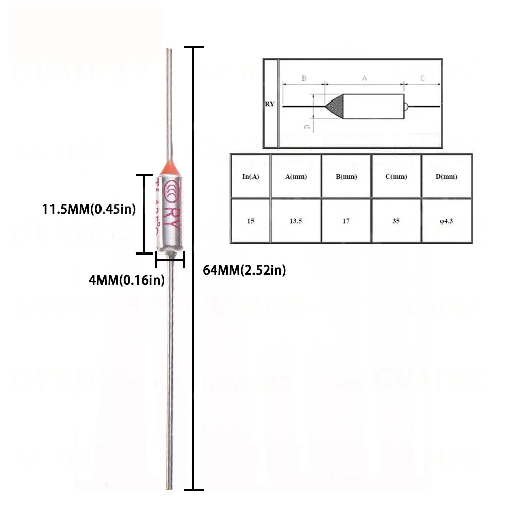 Термопредохранитель TF RY 10A 15A 250V, температуры 65°C-300°C