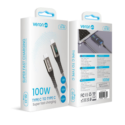 Кабель USB C to C 100W PD (1.2m) Veron CC02 Nylon LCD — Black
