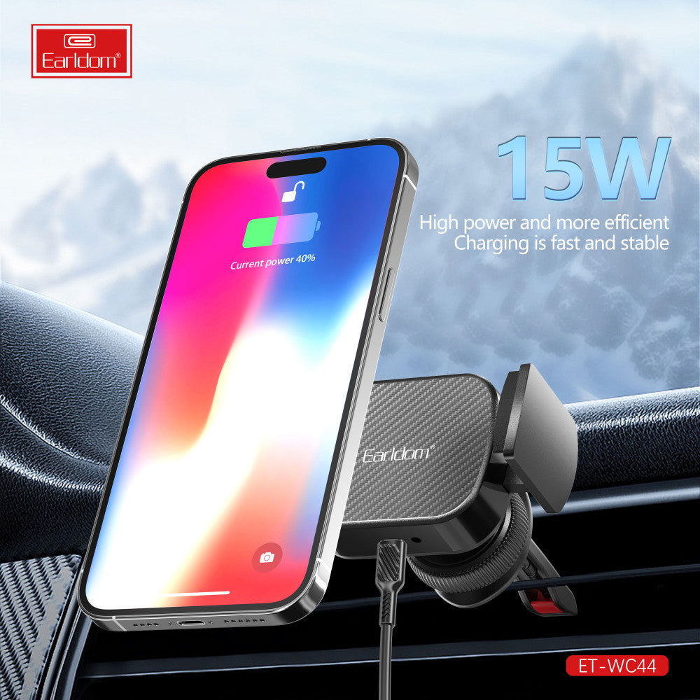 Автотримач розсувний на повітропровід з бездротовою зарядкою 15W — Earldom ET-WC44