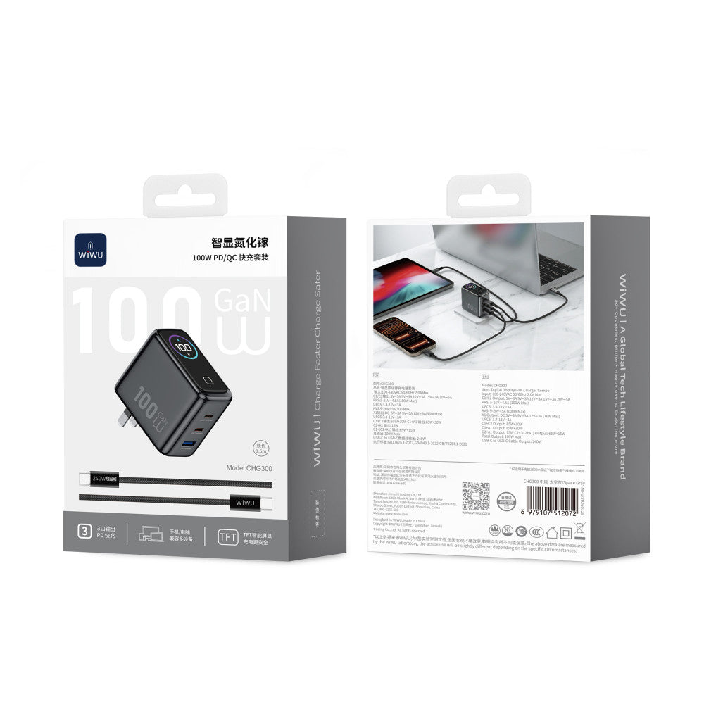 Home Charger | 100W | GaN | 1U | 2C | C to C Cable (1m)— Wiwu CHG300
