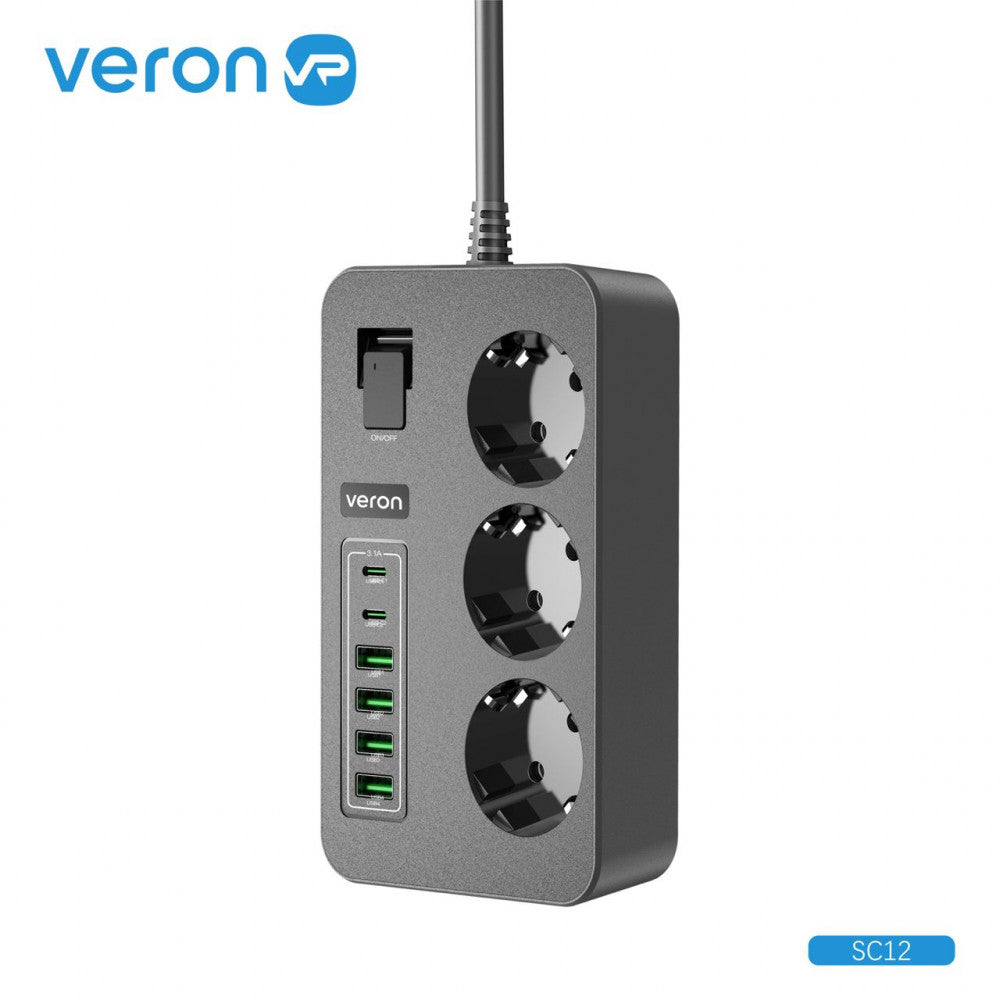 Фiльтр живлення 4USB | 2USB-C | 3P | 3.1A | 2m —  Veron SC12