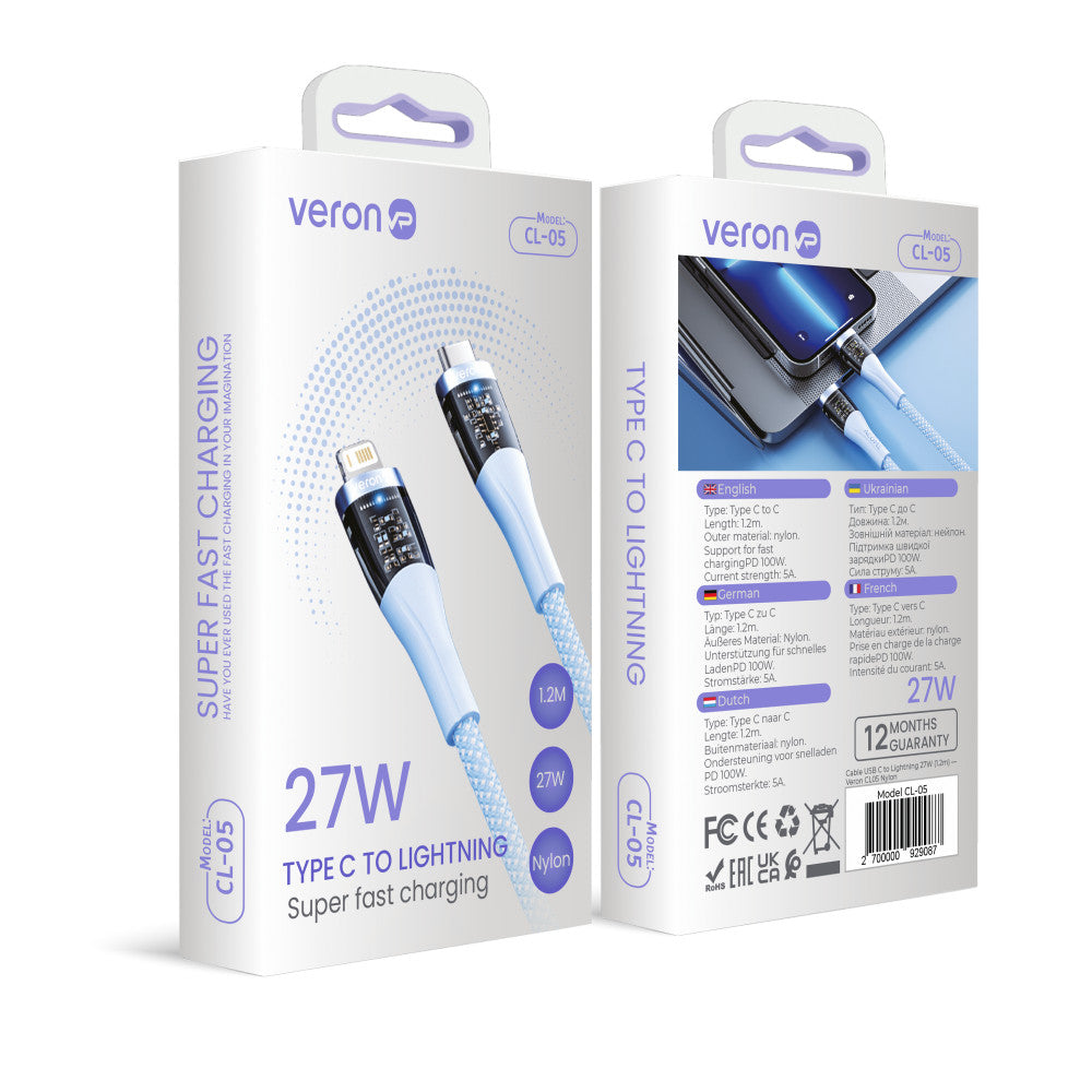 Кабель USB C to Lightning 27W PD (1.2m) — Veron CL05 Nylon Blue — Blue