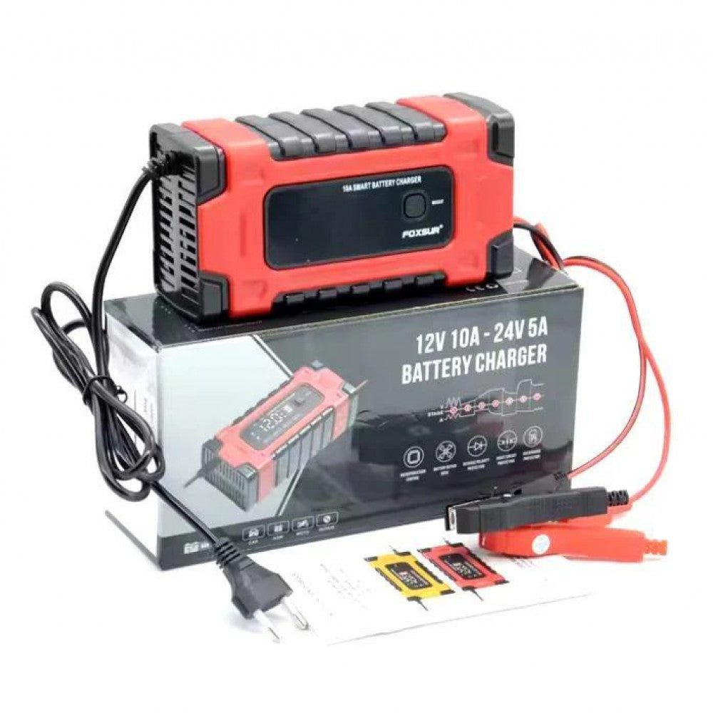 Зарядний пристрій Foxsur FBC122410E для автомобільного акумулятора 12V-24V 10A імпульсний