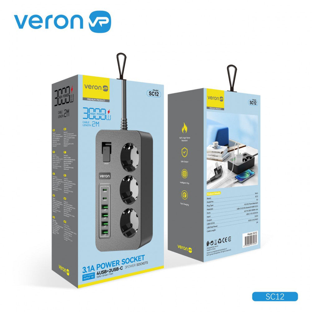 Фiльтр живлення 4USB | 2USB-C | 3P | 3.1A | 2m —  Veron SC12