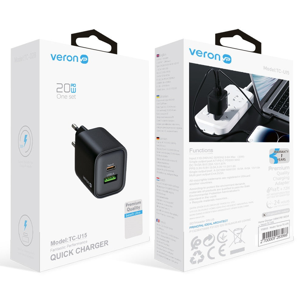 Home Charger | 20W | PD | QC3.0 — Veron TC-U15