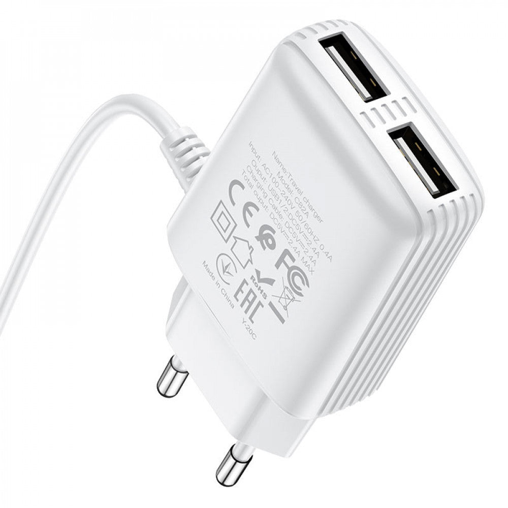 Home Charger | 2.4A | 2U | Lightning  Cord (1m) — Hoco C82A — White