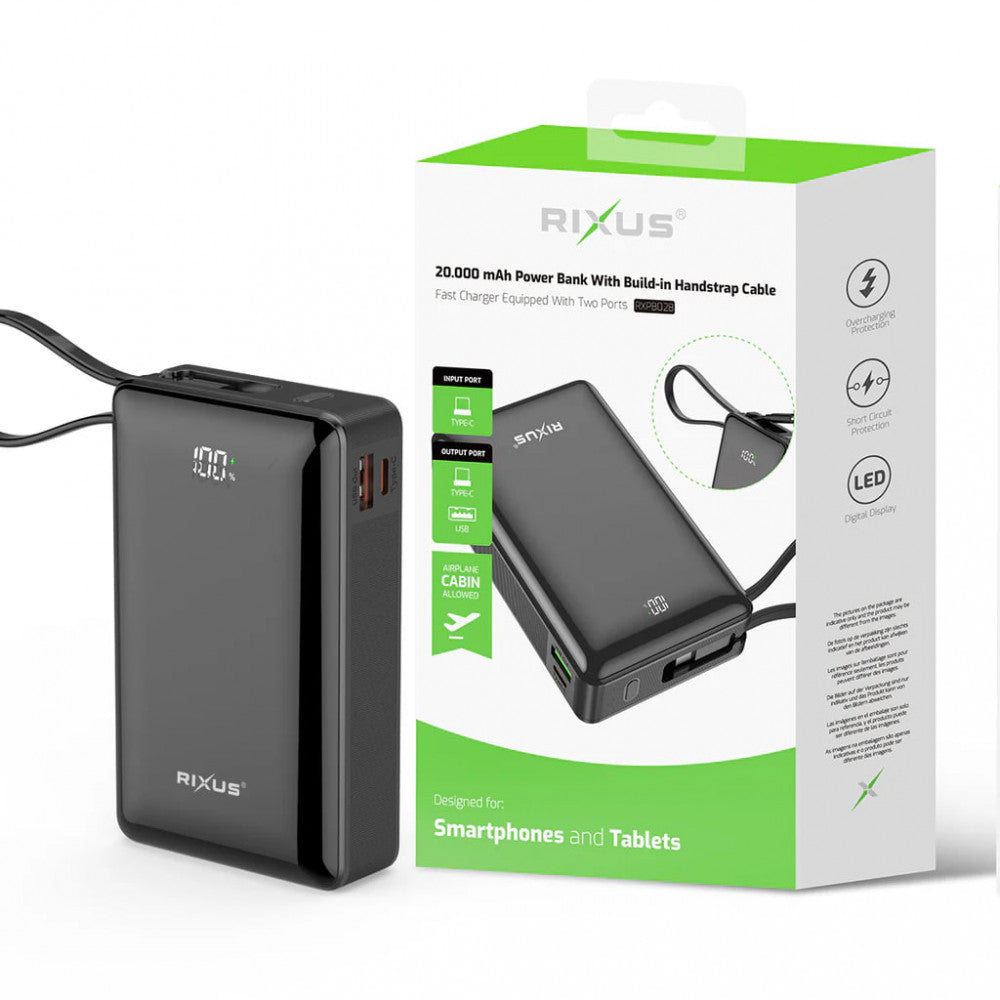 Power Bank 20000 mAh | 22.5W  —Rixus RXPB02B With USB-C Cable Built-in