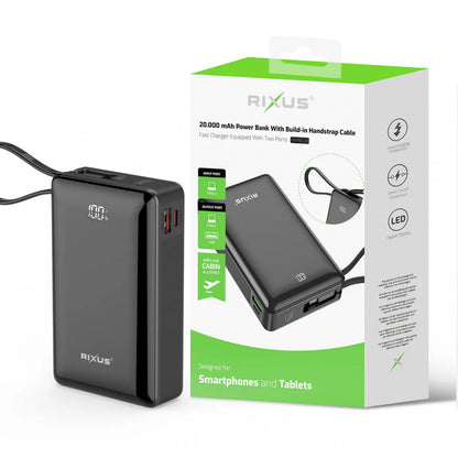 Power Bank 20000 mAh | 22.5W  —Rixus RXPB02B With USB-C Cable Built-in