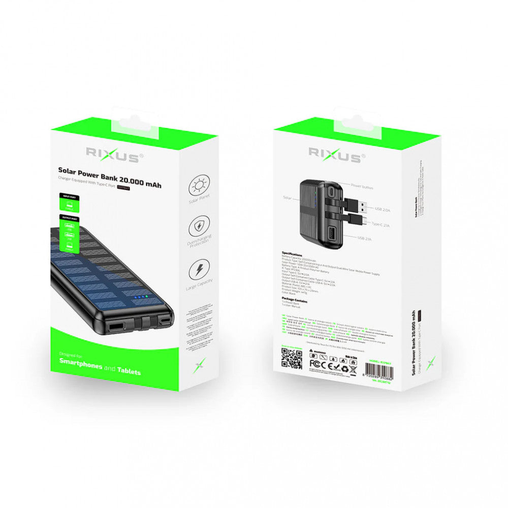 Power Bank 20000 mAh | 22.5W —Rixus RXPB47 Solar  With Built-in Cables