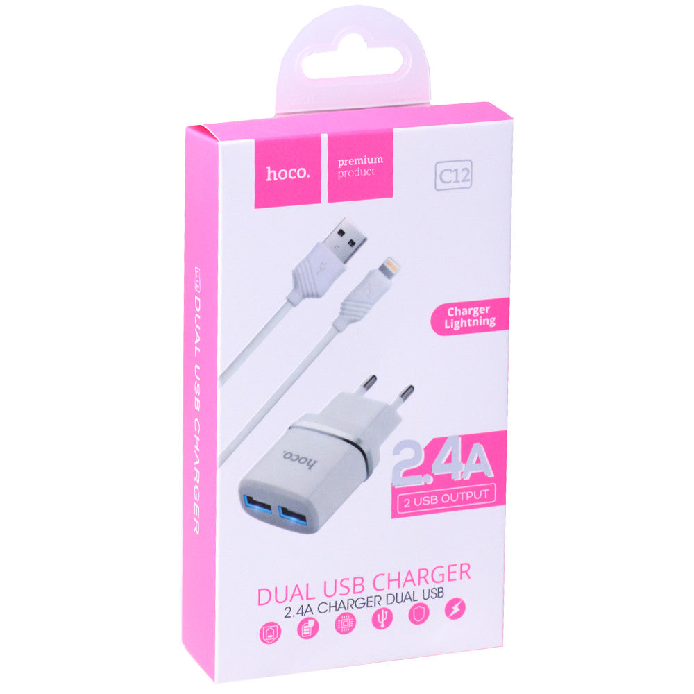Зарядний пристрій Hoco C12, 2.4A, 2×USB-A, кабель Micro-USB (1 м), White