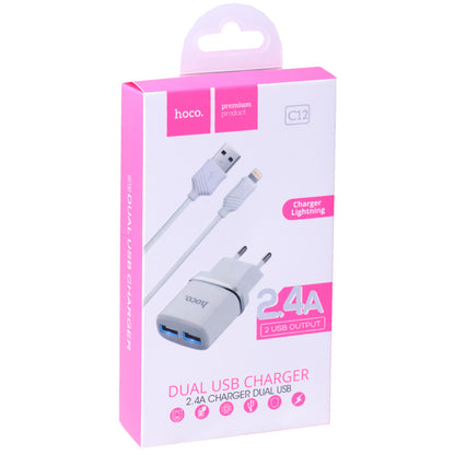 Зарядний пристрій Hoco C12, 2.4A, 2×USB-A, кабель Micro-USB (1 м), White