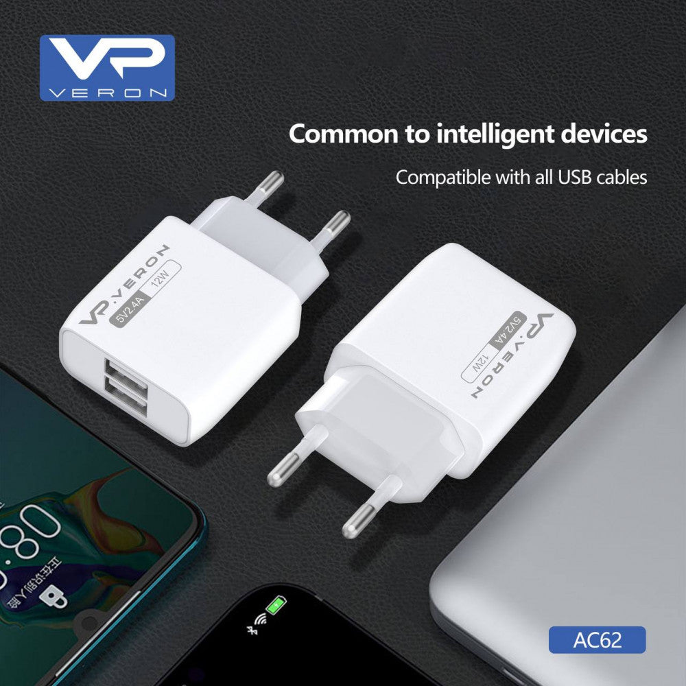 Home Charger 2.4A 2U USB C Cable (1m) Veron AC62C