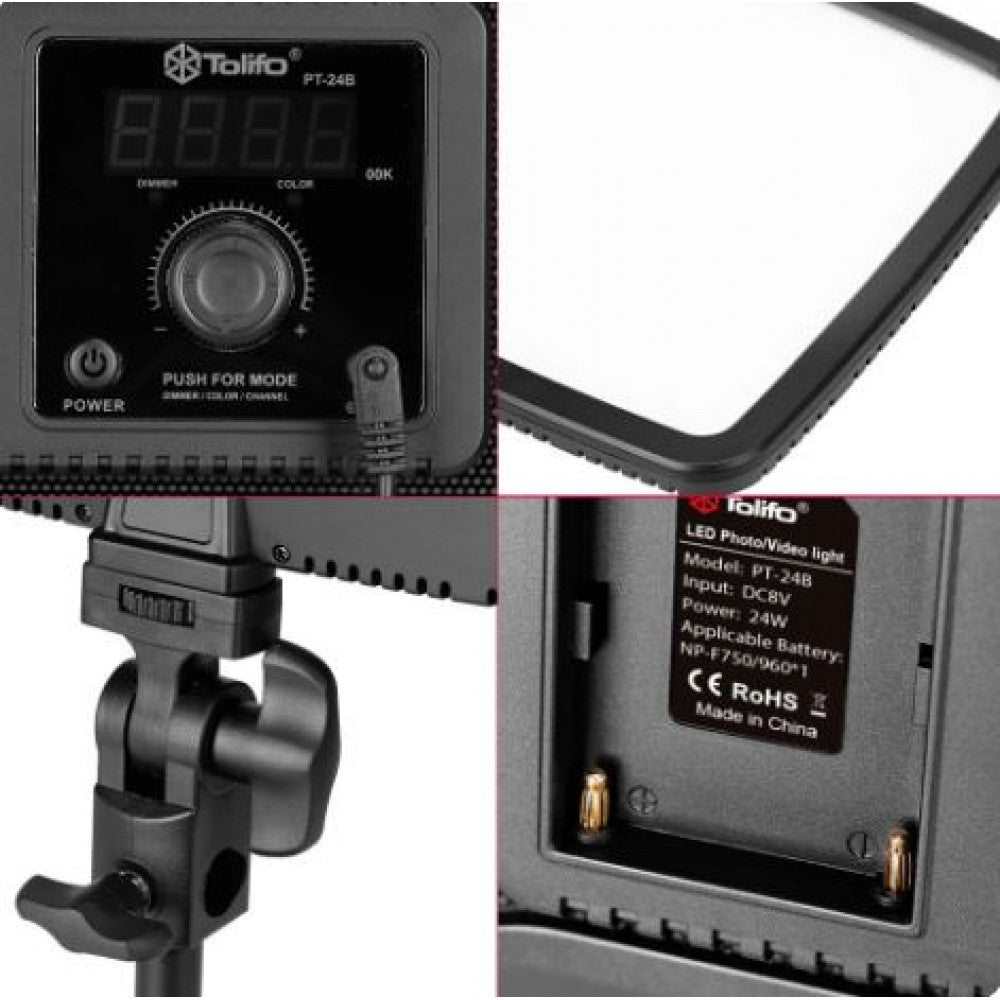 Лампа відеосвітло LED PT-24B 24W color 3200-5600K /2400LM/Battery F-750 4400Mah+Charger (240*184*14)