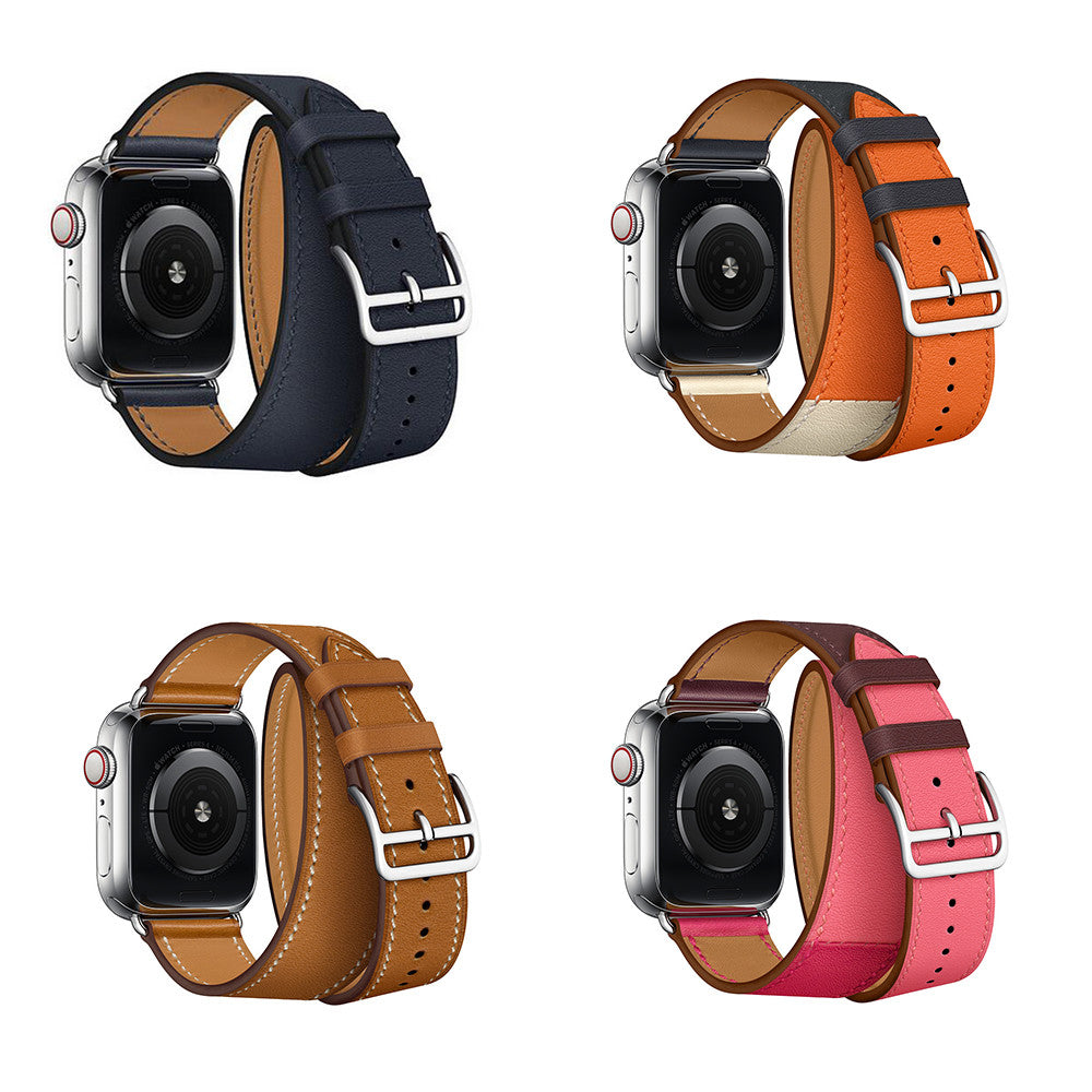 Ремінець Hermes Leather Attelage Double Tour — Apple Watch 42 mm | 44 mm | 45 mm | 49 mm — Rose Red/Pink/Brown