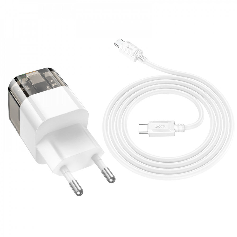 Home Charger | 30W | PD | QC3.0 | C to C Cable (1m) — Hoco C131A — Transparent Black