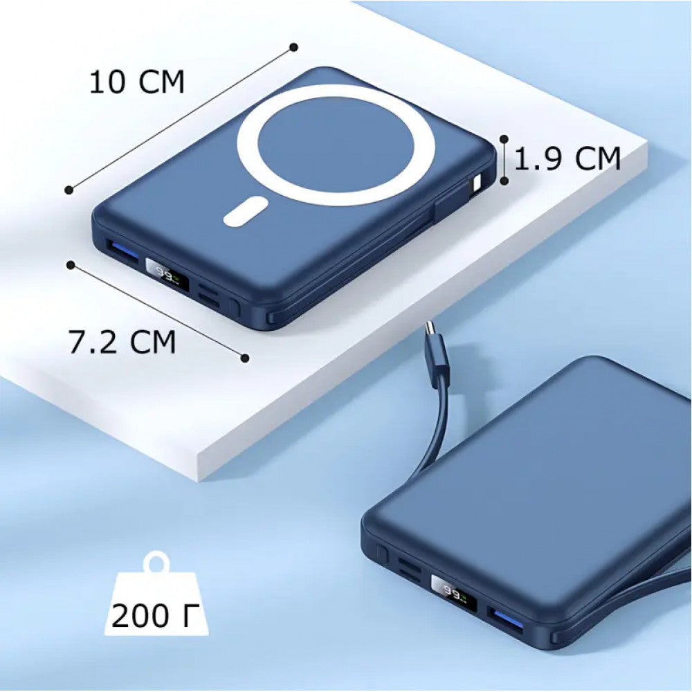 Power Bank 10000 mAh | Yiisonger KT-D011, 22.5W, MagSafe 18W, + 2 кабеля Type-C и IP, Синий