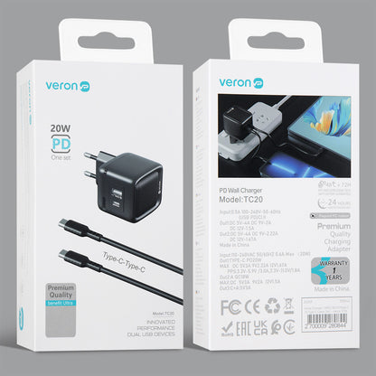 Home Charger | 20W | QC3.0 | Type C To Type C Cable (1m) — Veron TC20