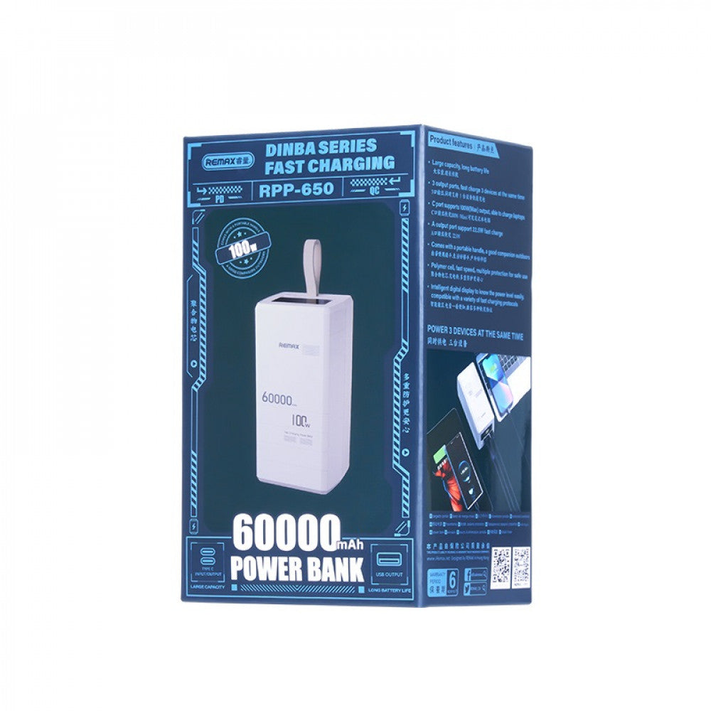 Power Bank 60000 mAh 100W— Remax RPP-650 100W PD+QC Fast charging