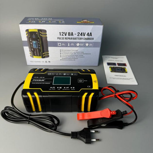 Зарядний пристрій для автомобільного акумулятора Foxsur FBC122408D 12 В 8 А-24 В 4 A Yellow , імпульсний автоматичний
